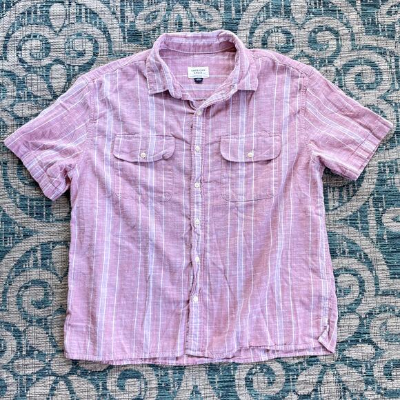 American Eagle Men's Pink & White Striped Short‎ Sleeve Button-Down Shirt Size L - Picture 2 of 8